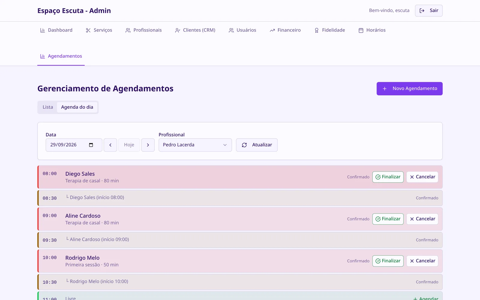 Agenda do dia com os horários de cada cliente