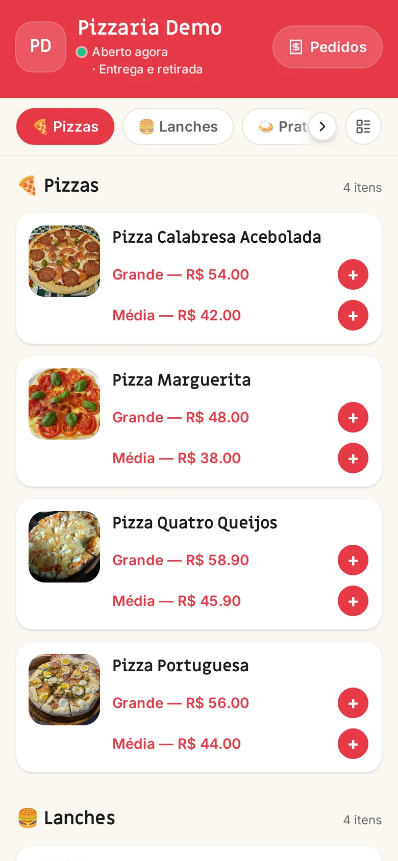 Cardápio por categoria com fotos e tamanhos