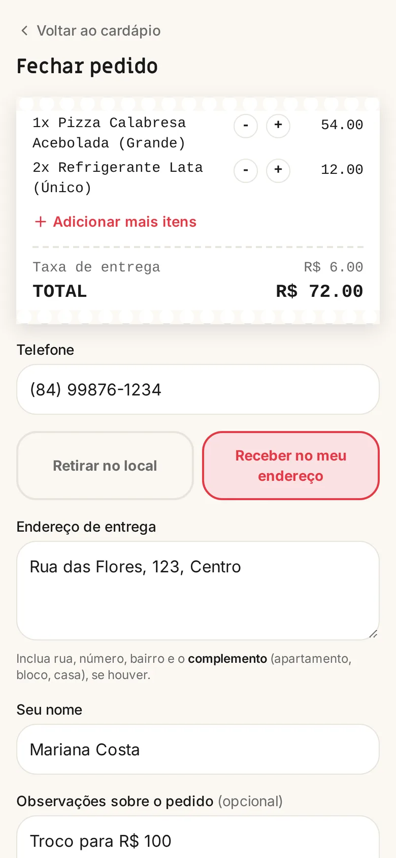 Fechamento com entrega, endereço e observações