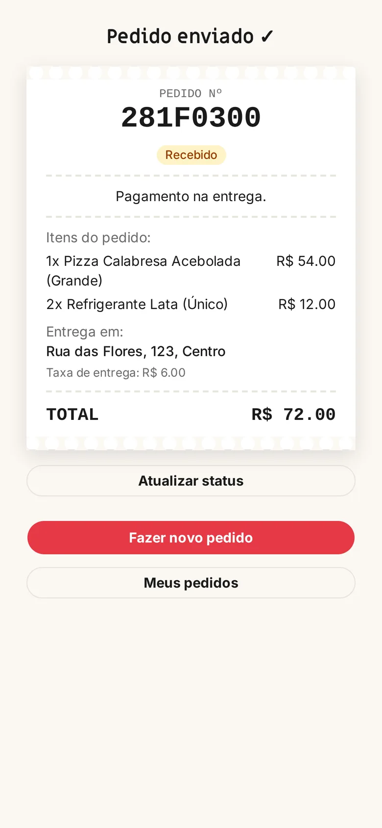 Pedido enviado com número e status