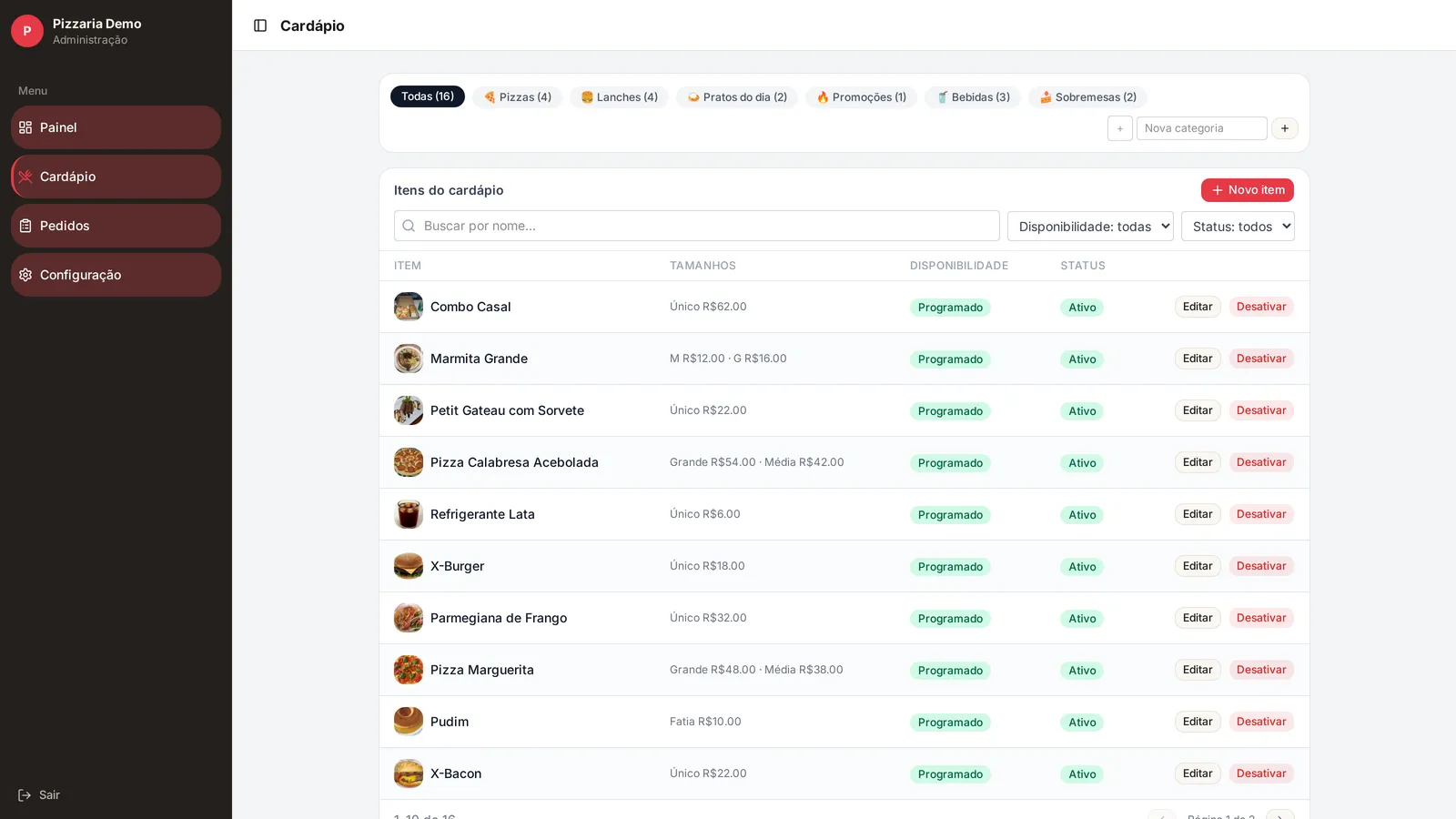 Itens do cardápio com tamanhos e disponibilidade