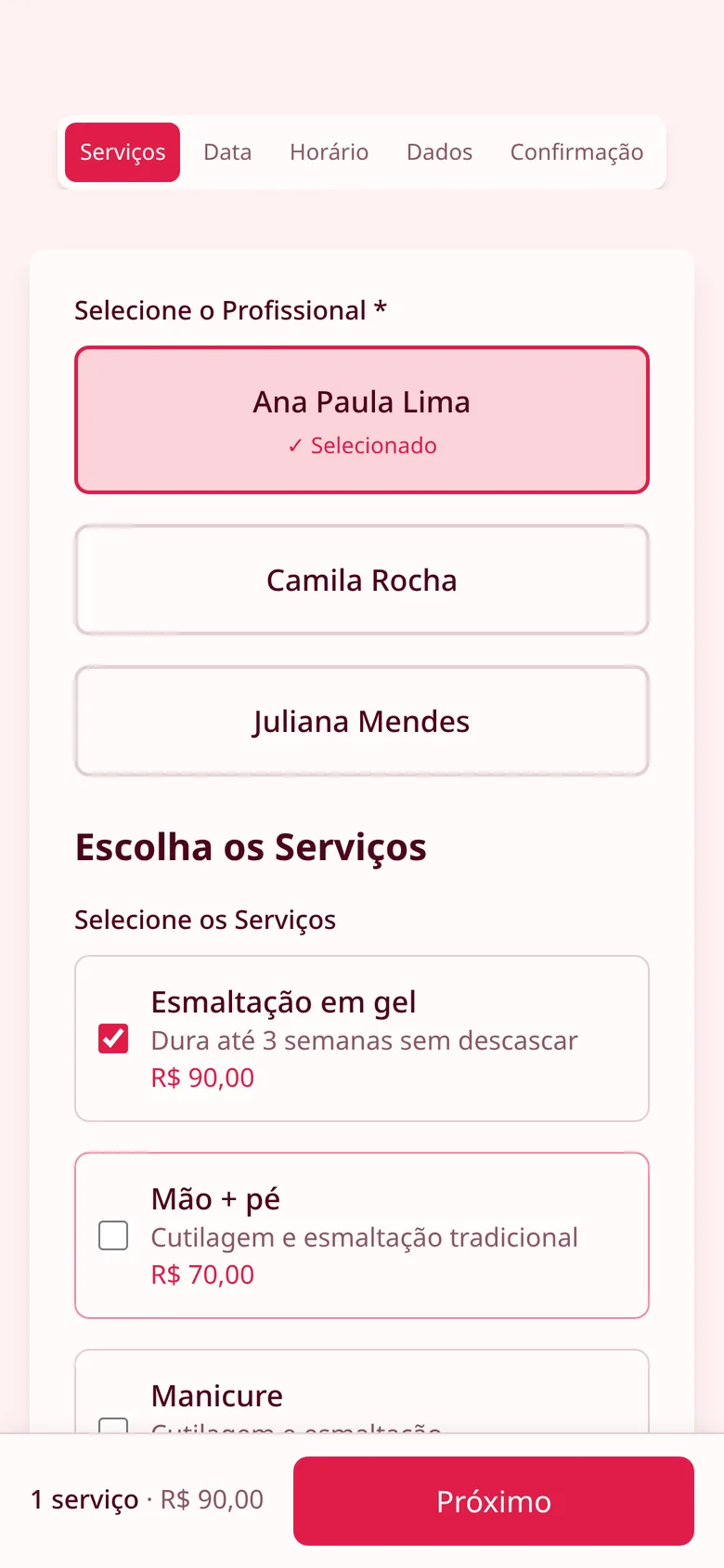 Escolha da profissional e dos serviços com preço