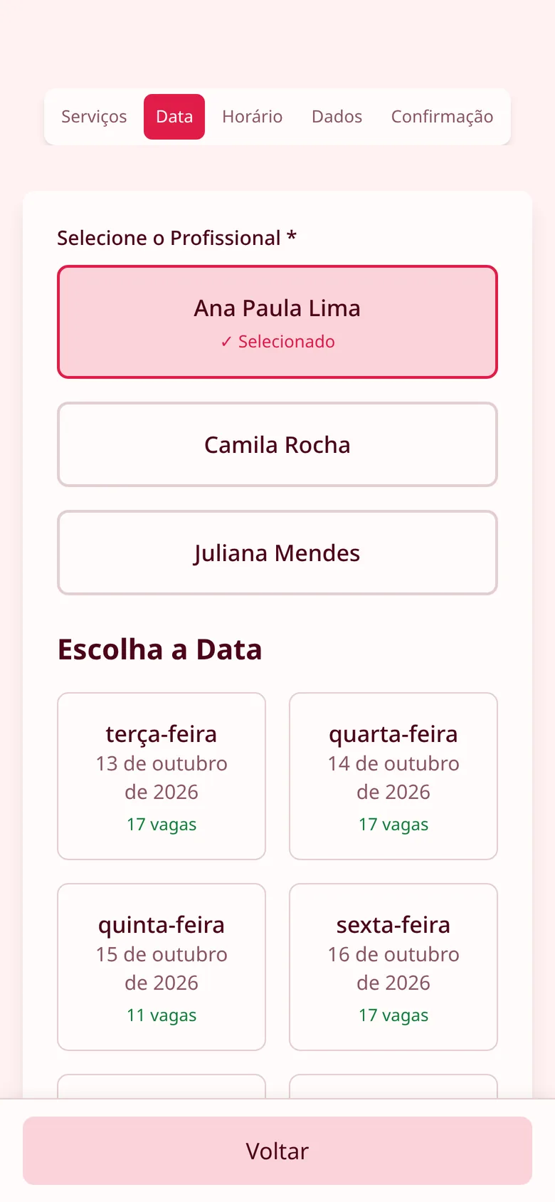 Escolha do dia com vagas disponíveis