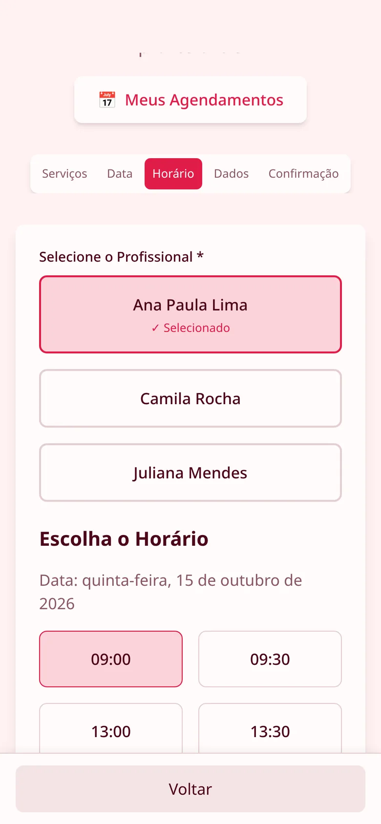 Horários livres da profissional escolhida