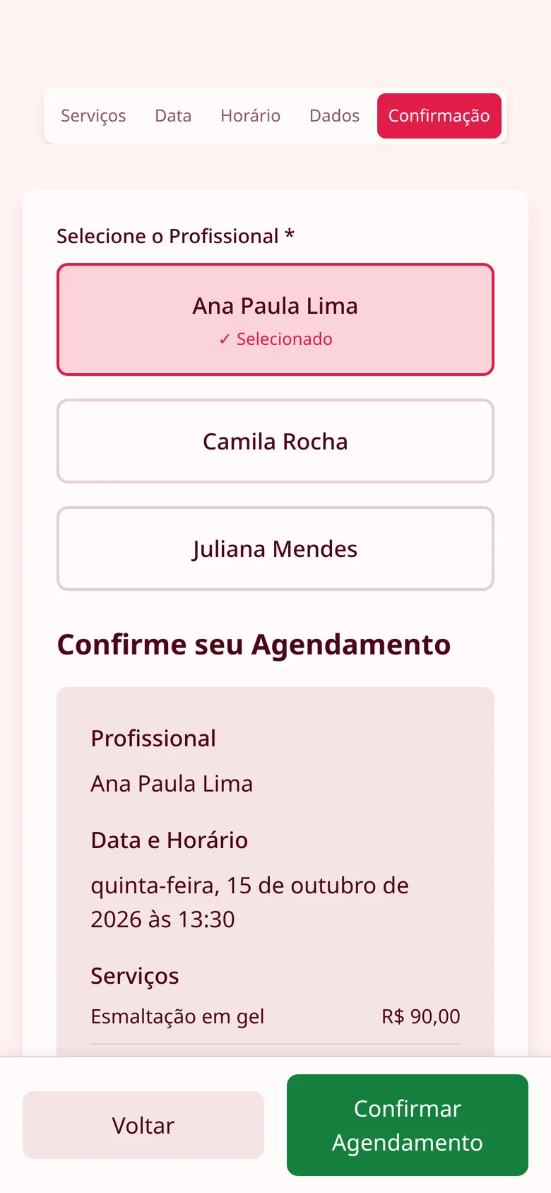 Resumo do agendamento antes de confirmar