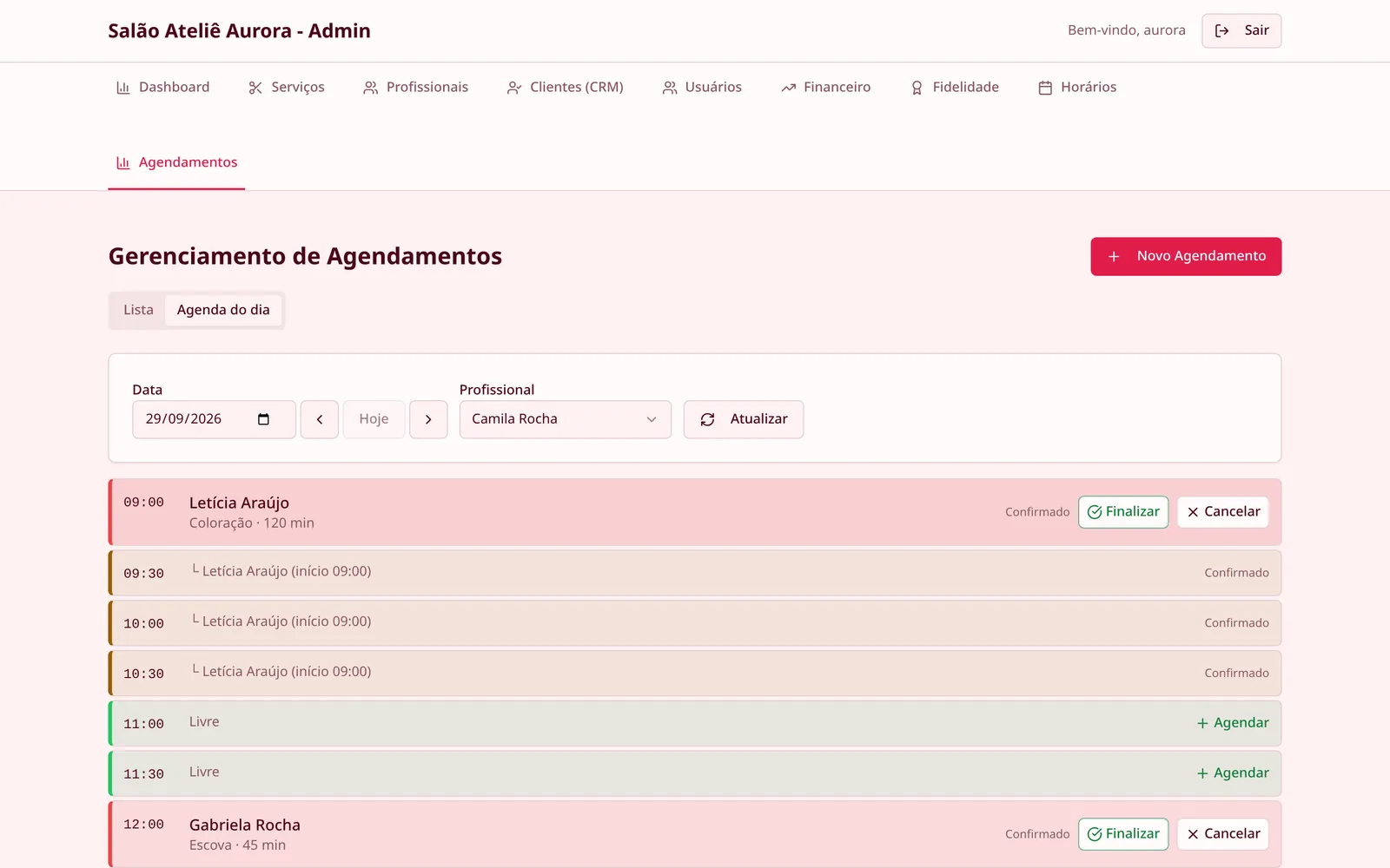 Agenda do dia com os horários de cada cliente