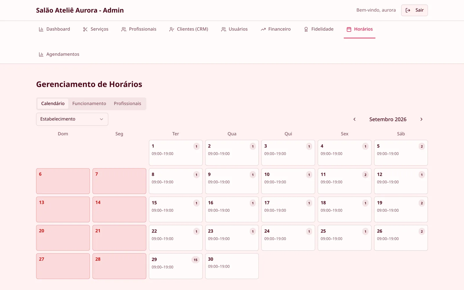 Calendário com horário de funcionamento