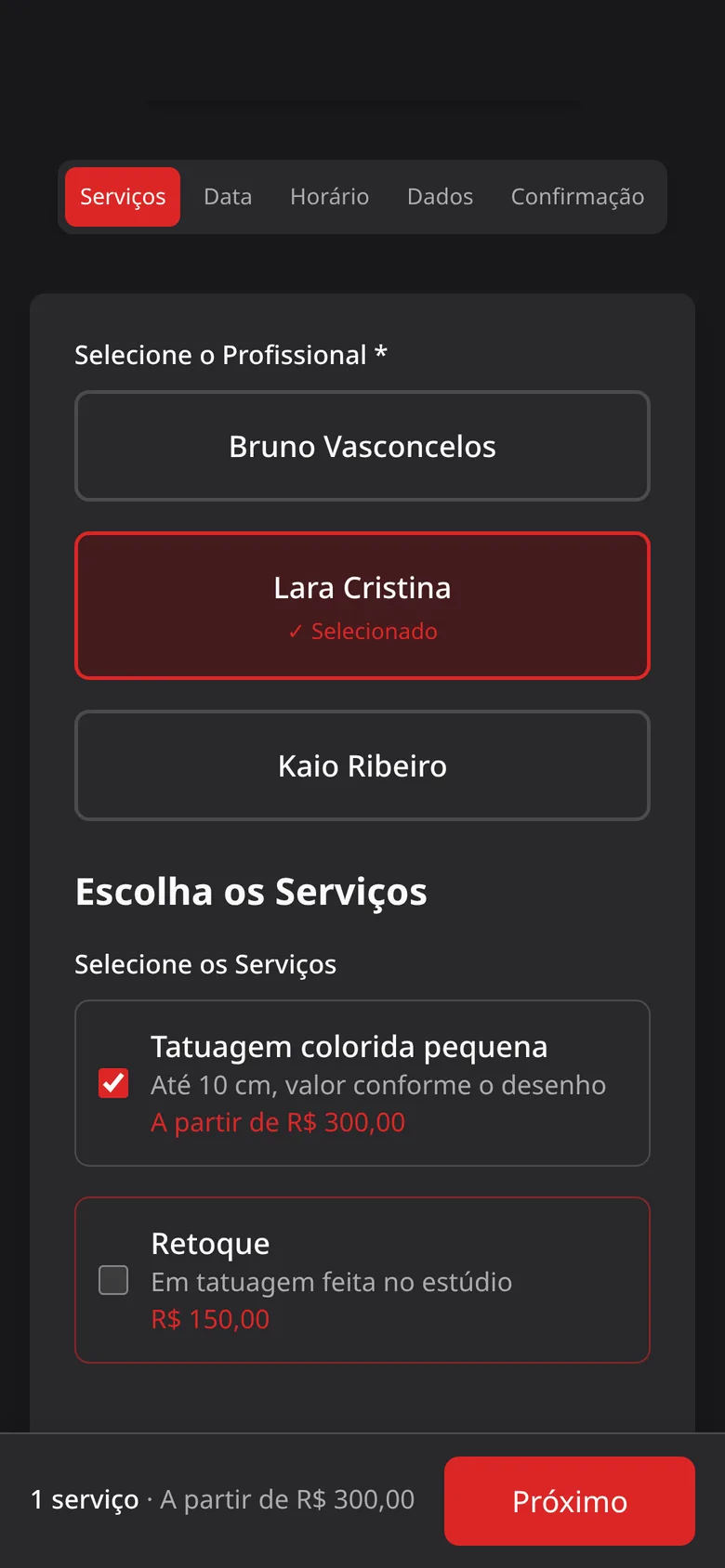 Tela de agendamento: escolha da tatuadora e da sessão