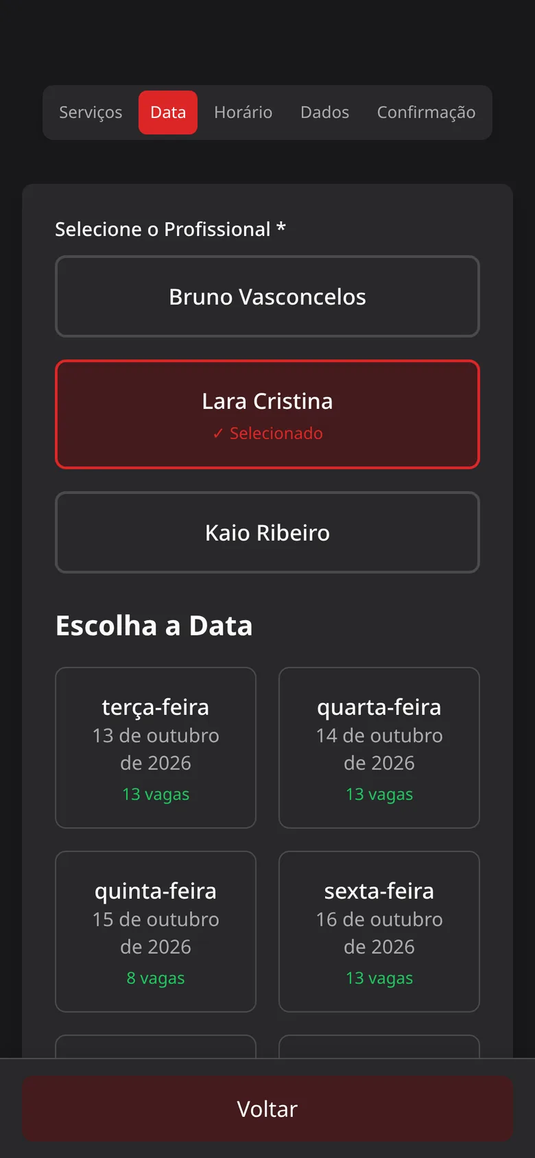 Tela de agendamento: escolha do dia