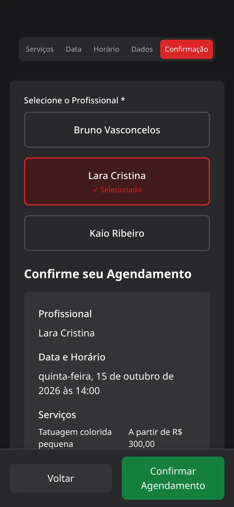 Tela de agendamento: confirmação