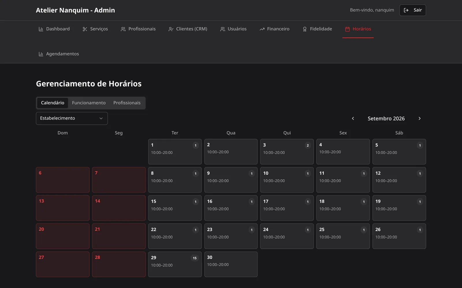Calendário com horário de funcionamento
