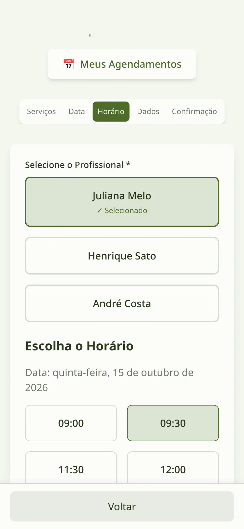 Tela de agendamento: horários livres