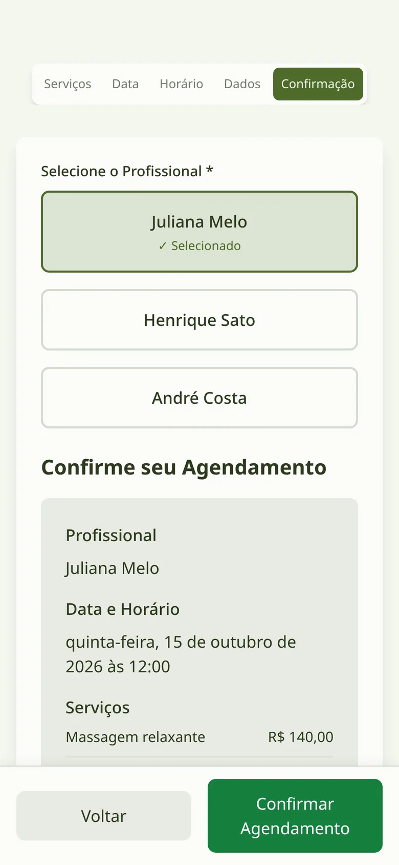 Tela de agendamento: confirmação